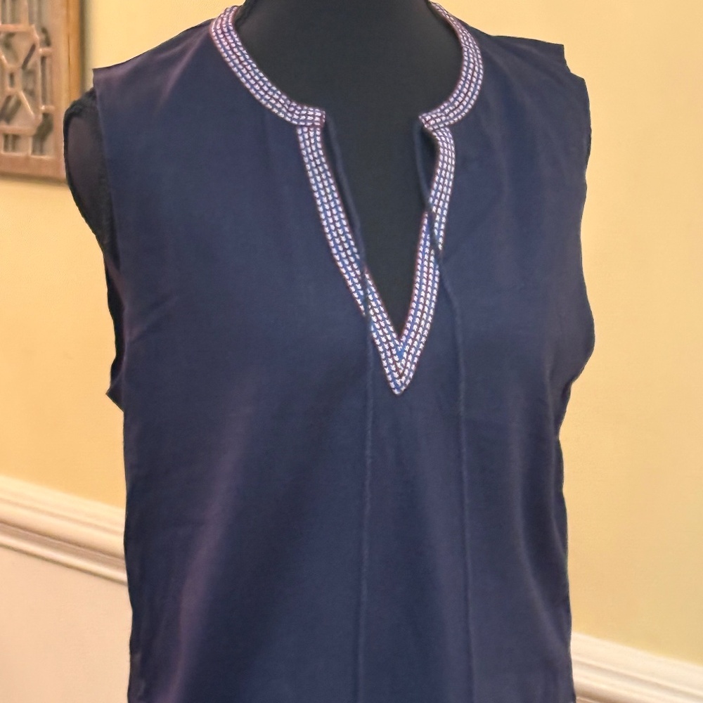 J. Crew Navy Blue Sleeveless Ribbon Trim Tassel Blouse Top Tank Small S